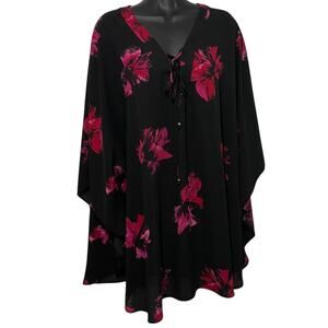 Catherines Womens Plus 2X/3X Black Red Floral Poncho Tunic Top Laced Up Neck